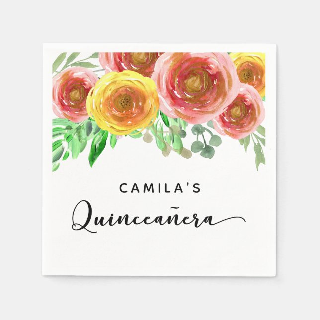 Guardanapo De Papel Quinceañera Flowers Watercolor Moderna (Frente)