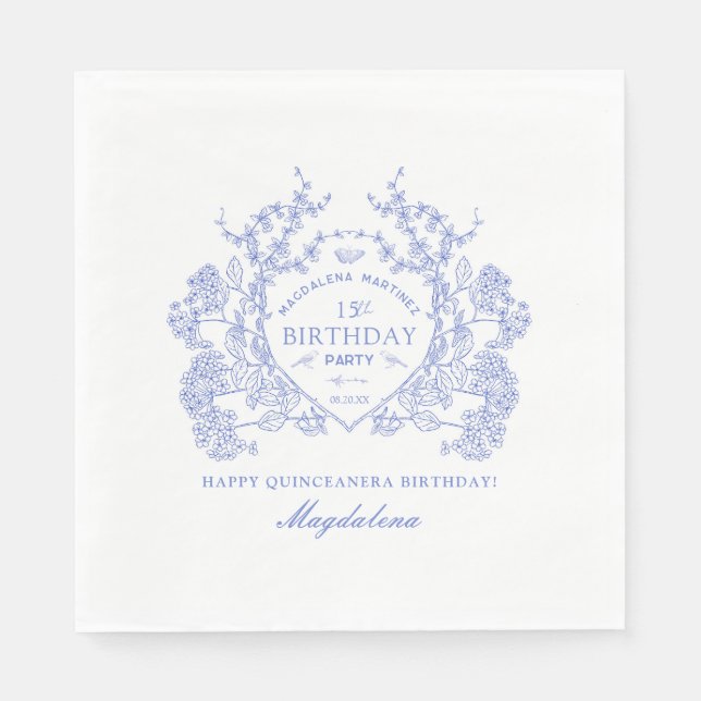 Guardanapo De Papel Quinceanera French Blue Floral Crest Personalizada (Frente)