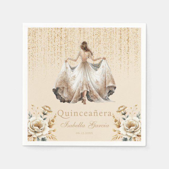 Guardanapo De Papel Quinceañera Ivory Dourada Watercolor (Frente)