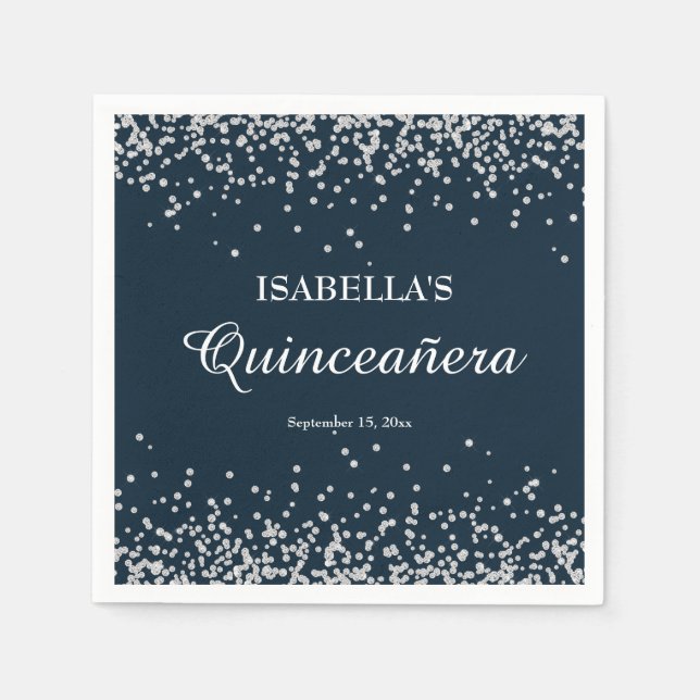 Guardanapo De Papel Quinceanera Marinho Elegante Blue Silver Glitter (Frente)