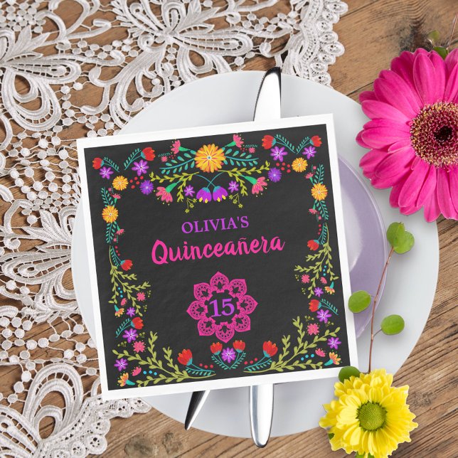 Guardanapo De Papel Quinceanera Mexicana Fiesta Flores Negras Aniversá (Quinceanera napkins from my Mexican Fiesta Floral collection
)