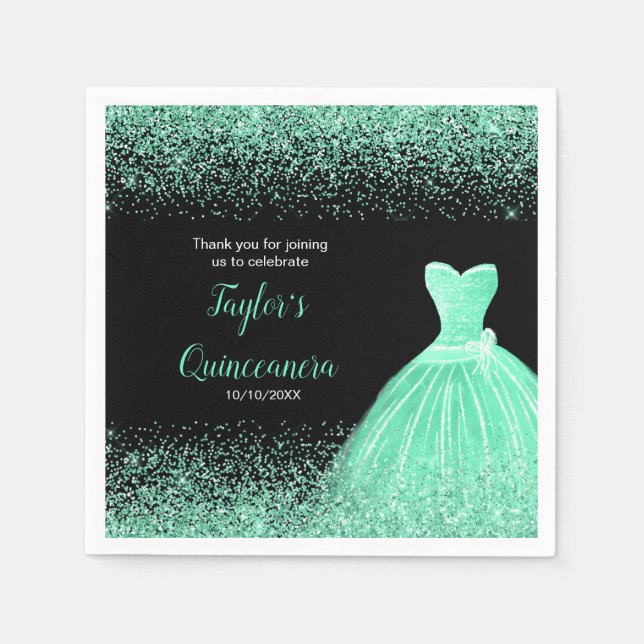 Guardanapo De Papel Quinceanera Mint Green Faux Glitter (Frente)