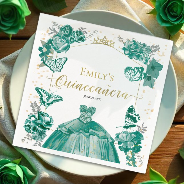 Guardanapo De Papel Quinceanera Napkins Emerald Green Dress Floral (Criador carregado)