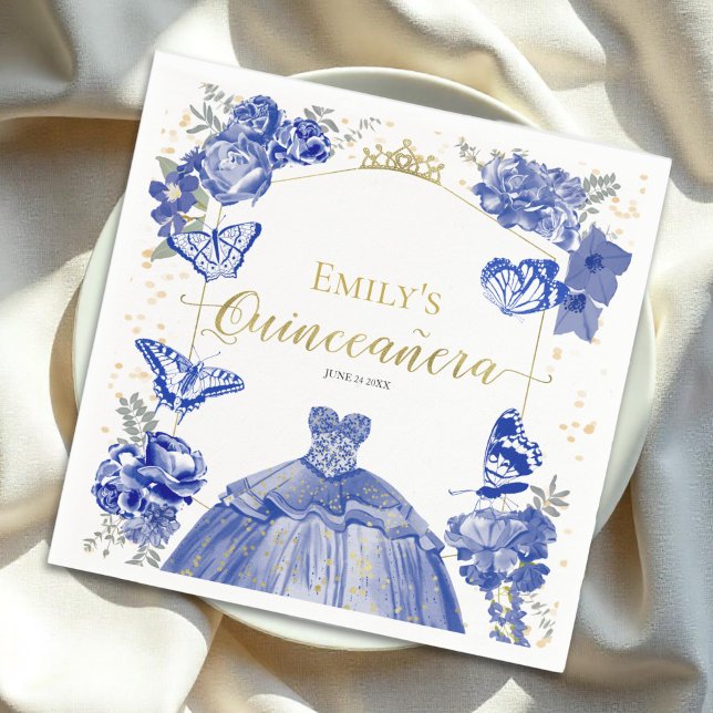 Guardanapo De Papel Quinceanera Napkins Royal Blue Dress Floral (Criador carregado)