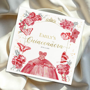 Guardanapo De Papel Quinceanera Napkins Vermelho Vestido Floral Dourad