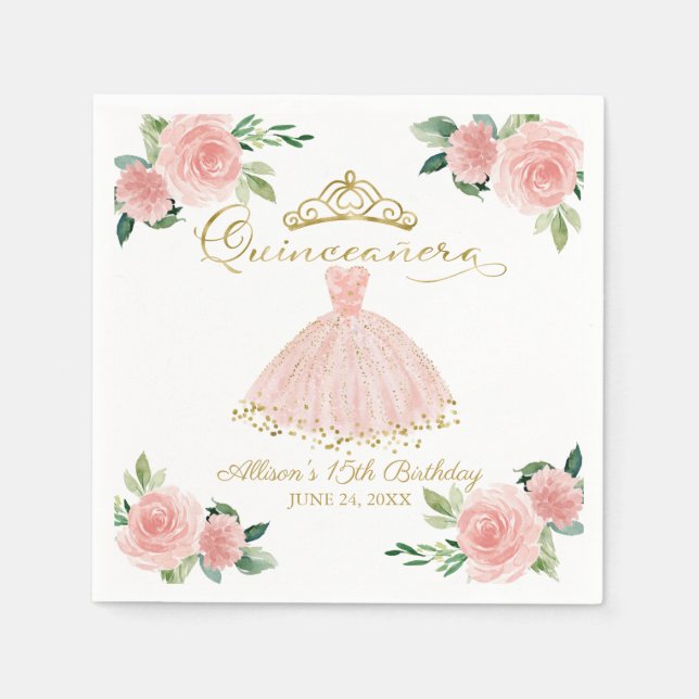 Guardanapo De Papel Quinceanera Party Blush Gown Pink Floral Napkins (Frente)