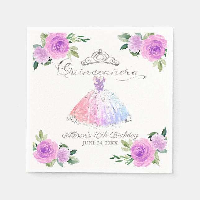 Guardanapo De Papel Quinceanera Pastel Cores Gown Floral (Frente)