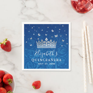 Guardanapo De Papel Quinceanera Real Azul Elegante e Coroa Prateada