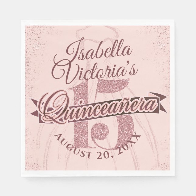 Guardanapo De Papel Quinceanera Rosa Dourada Glitter Sparkle (Frente)