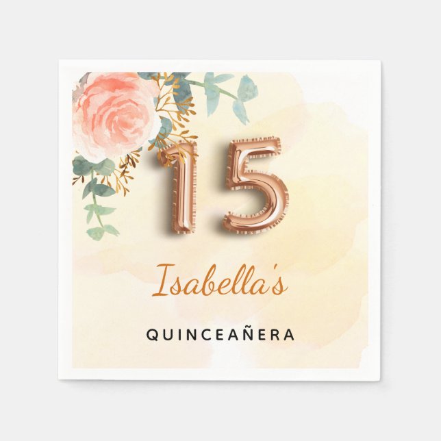 Guardanapo De Papel Quinceanera rosa gold floral nome verde (Frente)