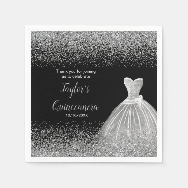 Guardanapo De Papel Quinceanera Silver Faux Glitter (Frente)
