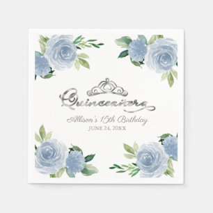 Guardanapo De Papel Quinceanera Silver Foil Tiara Blue Floral