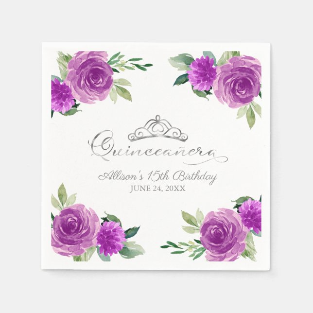 Guardanapo De Papel Quinceanera Silver Foil Tiara Purple Floral (Frente)