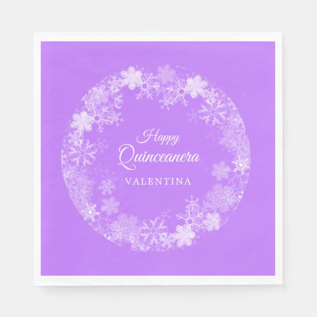 Guardanapo De Papel Quinceanera Winter Wonderland Snowflake Roxo (Frente)