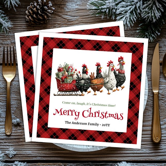 Guardanapo De Papel Quirky Christmas chickens napkin custom name edit (Rustic Funny Chickens Personalized Watercolor Holiday Christmas Napkins

)