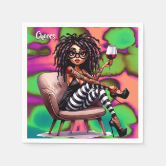Guardanapo De Papel Quirky Lady Tattoos & Wine Cheers Paper Napkin