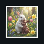 Guardanapo De Papel Rabbit Licking a Chocolate Easter Bunny<br><div class="desc">A charming white rabbit in a vibrant spring flower garden, savoring a delicious chocolate Easter bunny in the warm sunlight.</div>