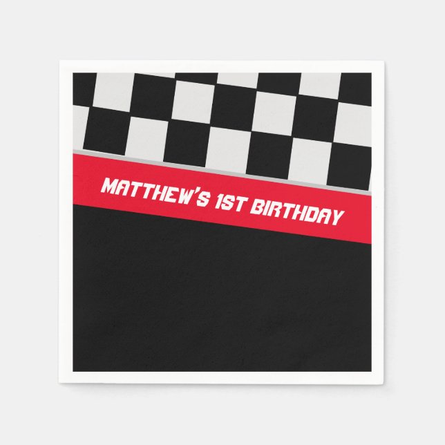 Guardanapo De Papel Race Car Black and Red First Birday Personalizado (Frente)