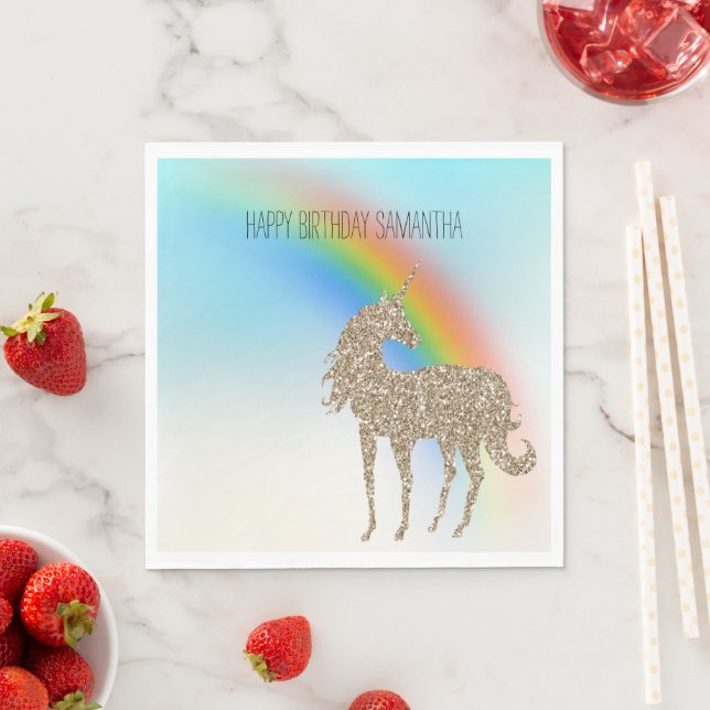 Guardanapo De Papel Rainbow Aqua Ombre Dourado Glitter Unicorn (Insitu)
