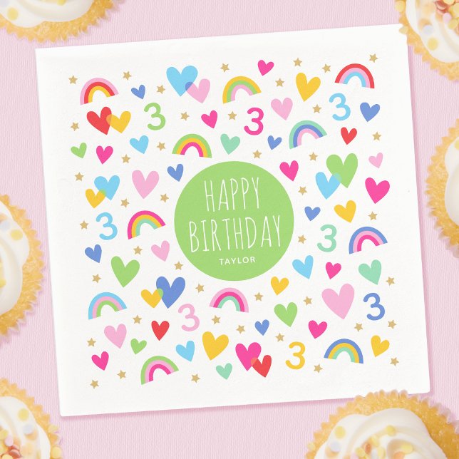 Guardanapo De Papel Rainbow Hearts aniversário de 3 anos Party Name Gr (Criador carregado)