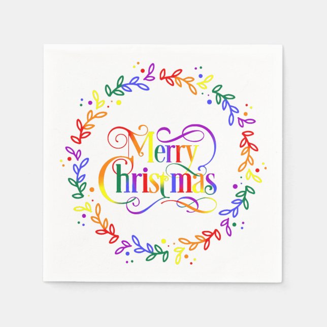 Guardanapo De Papel Rainbow Merry Christmas Wreath Paper Napkins (Frente)