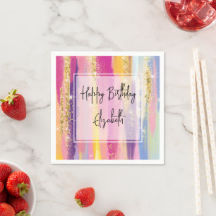 Guardanapo De Papel Rainbow Stripes com Faux Dourado Glitter Birthday