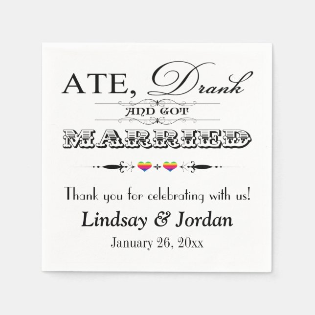 Guardanapo De Papel Rainbow Stripes Corações e Rolos Casamento Napkins (Frente)