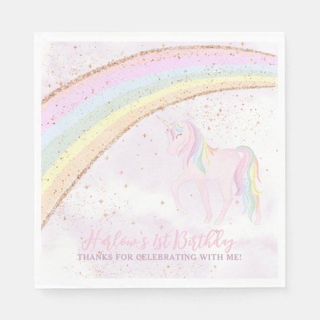 Guardanapo De Papel Rainbow Unicorn primeiro aniversario Girls Pastel (Frente)