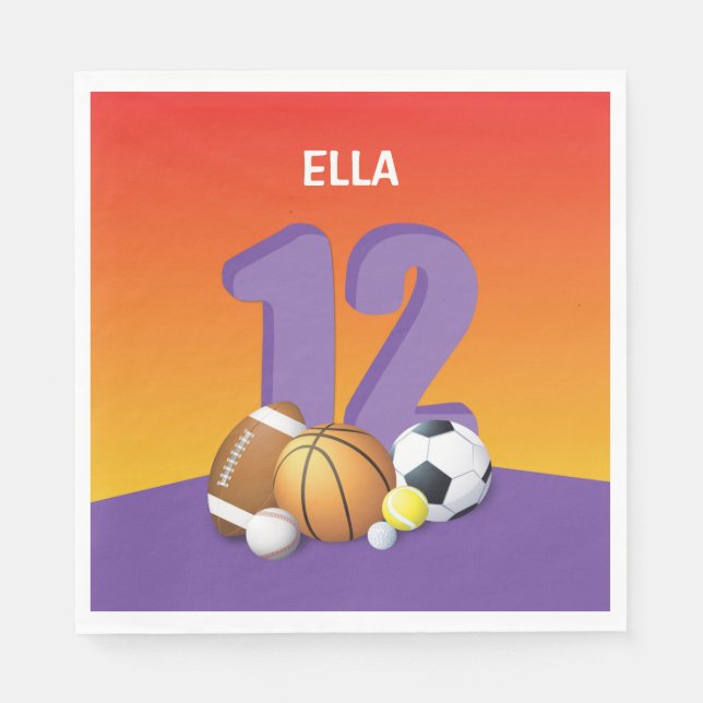 Guardanapo De Papel Rapariga 12 Birthday Sports Balls (Frente)