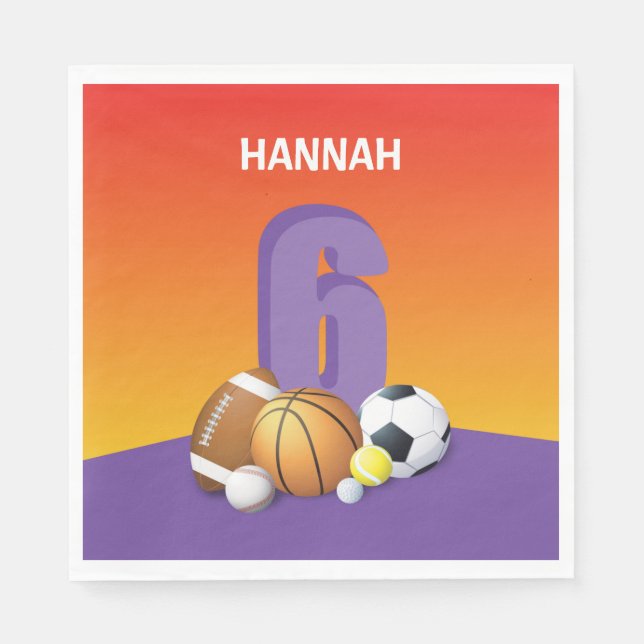 Guardanapo De Papel Rapariga 6 Birthday Sports Balls (Frente)