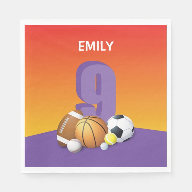 Guardanapo De Papel Rapariga 9 de aniversário de esportes (Frente)