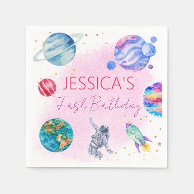 Guardanapo De Papel Rapariga Astronauta Dourada, Planeta de Nave Rosa (Frente)