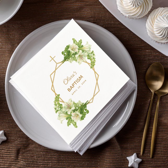 Guardanapo De Papel Rapariga Baptism Floral Lírios Dourados Cruzados G (Criador carregado)