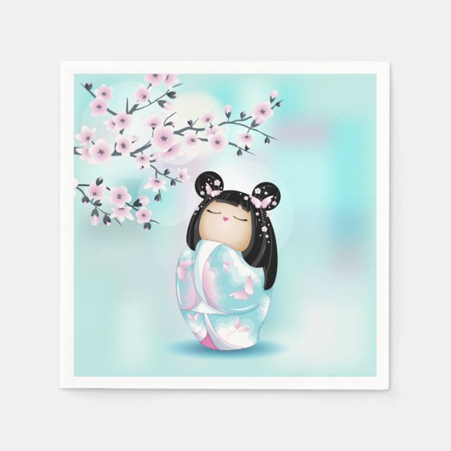 Guardanapo De Papel Raparigas Turquesas Rosa Kokeshi Doll (Frente)
