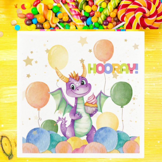 Guardanapo De Papel Rapazes Aniversário de criança de Dragão Moderno e (Cute Dragon Birthday Party Napkin Watercolor Cupcake & Balloons - Hooray Theme - Kids Birthday)