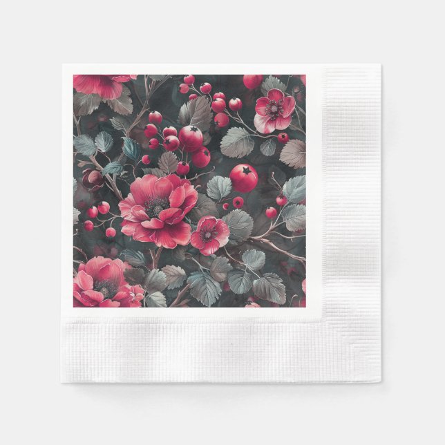 Guardanapo De Papel Raspberry, burgundy flowers on dark gray (Frente)
