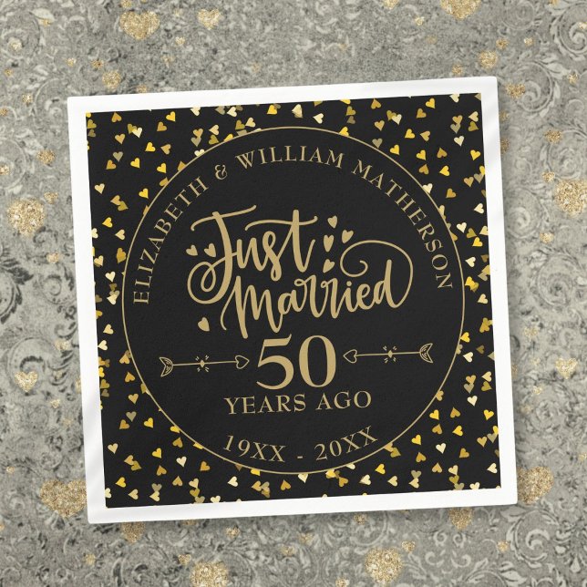 Guardanapo De Papel Recem casados 50º Aniversário Preto e Dourado (Just Married 50th Anniversary Black And Gold Napkins)