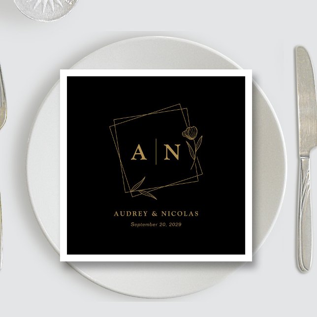Guardanapo De Papel Recepção de casamento Dourada e preta elegante (Sleek Black & Gold Personalized Wedding Reception Napkins)