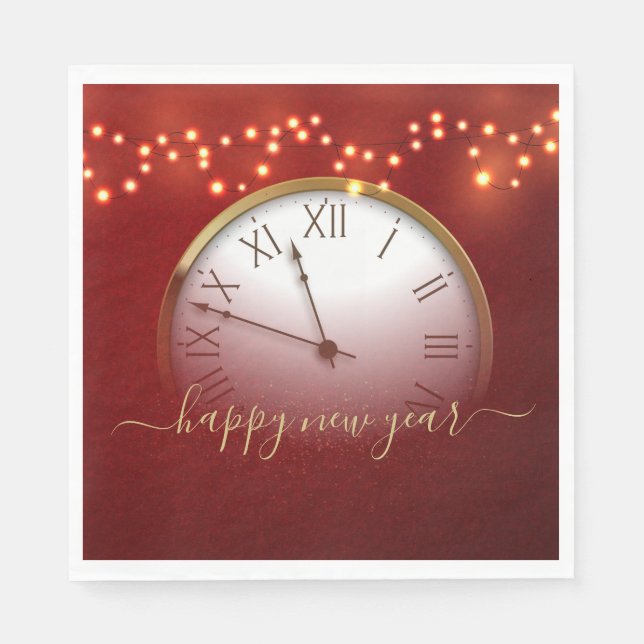 Guardanapo De Papel Red and Gold New Year’s Card with Midnight Clock (Frente)