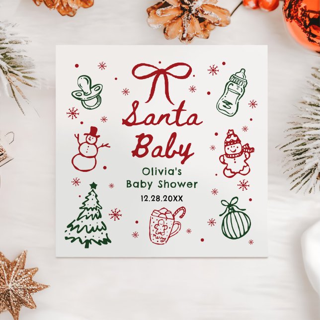 Guardanapo De Papel Red and Green Hand Drawn Christmas Baby Shower (Criador carregado)