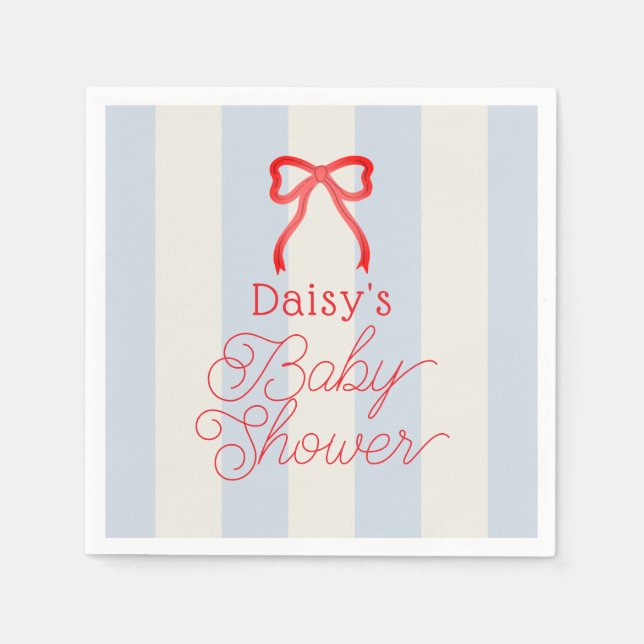 Guardanapo De Papel Red Bow & Pale Blue Stripes Baby Shower (Frente)
