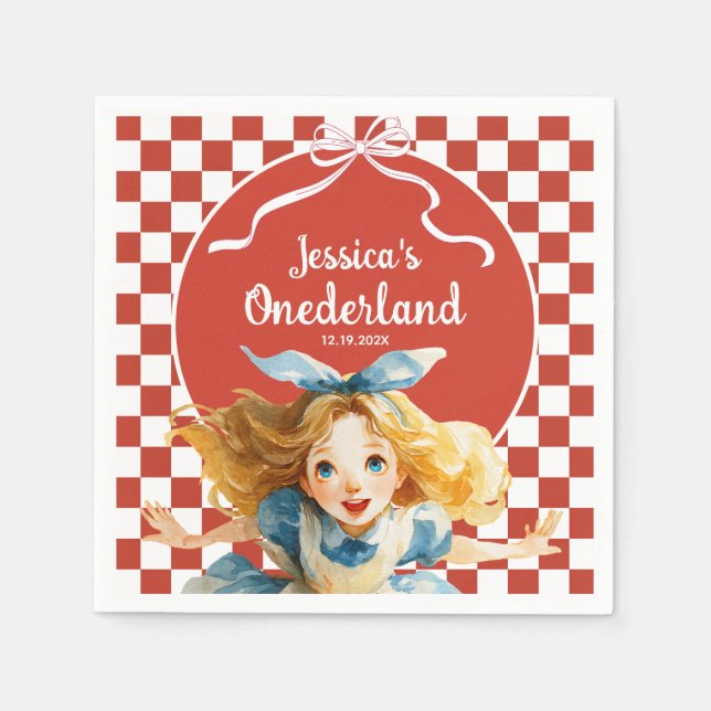 Guardanapo De Papel Red Checkered Alice in ONEDERLAND 1st Birthday (Frente)