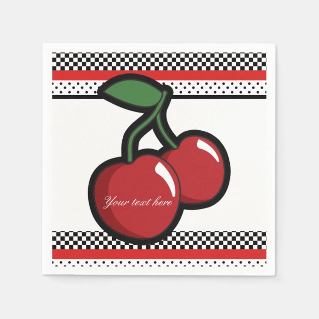Guardanapo De Papel Red Cherries Retro Black & Red Custom Party (Frente)