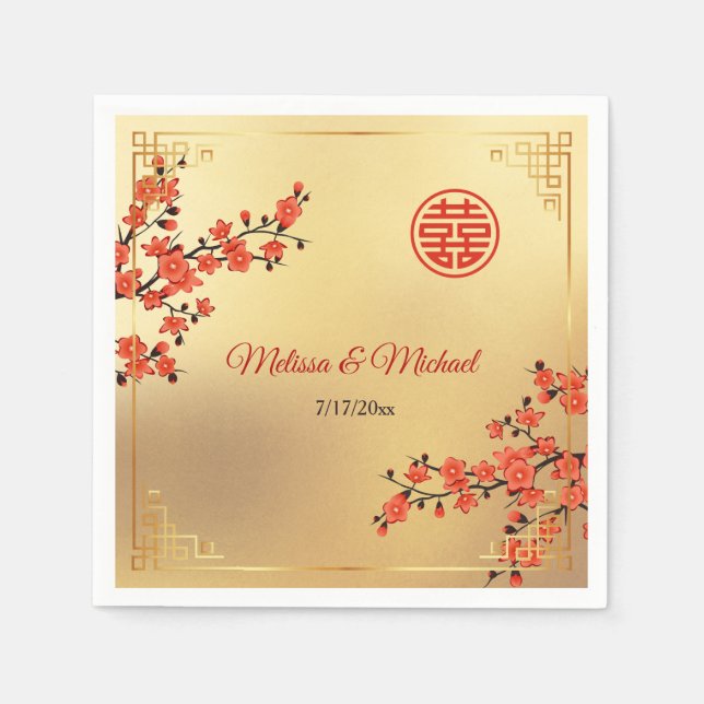 Guardanapo De Papel   Red Cherry Blossoms Gold Chinese Wedding Custom (Frente)