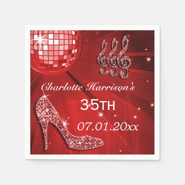 Guardanapo De Papel Red Disco Ball and Sparkle Heels 35th (Frente)