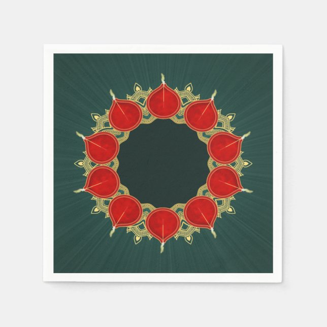 Guardanapo De Papel Red & Dourado Diyas Mandala Diwali em Teal (Frente)