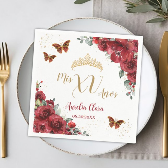 Guardanapo De Papel Red Floral Quinceanera Birthday Borboletas Dourada (Criador carregado)
