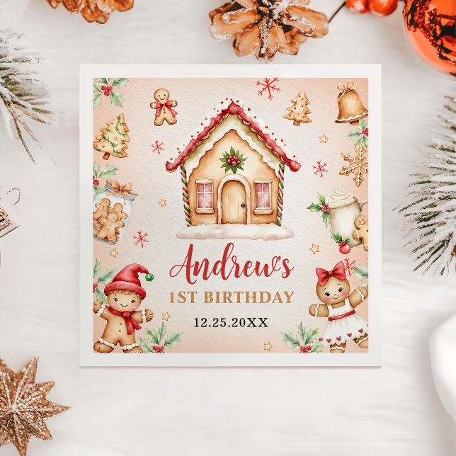 Guardanapo De Papel Red Gingerbread House 1st Birthday Party (Criador carregado)