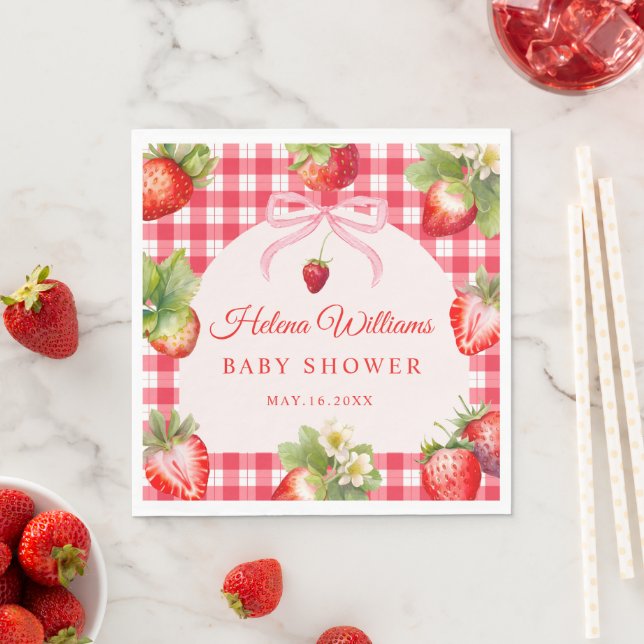 Guardanapo De Papel Red Gingham Strawberry Baby Shower Paper Napkin (Insitu)