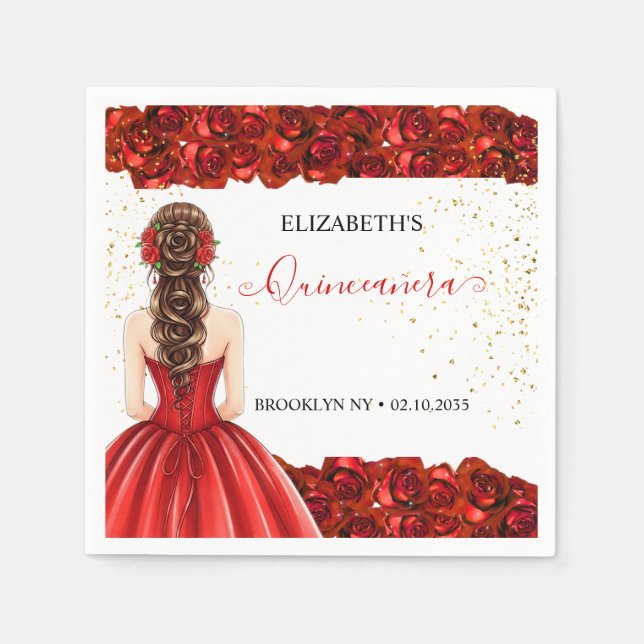Guardanapo De Papel Red & Gold Quinceañera Custom Party Napkins (Frente)
